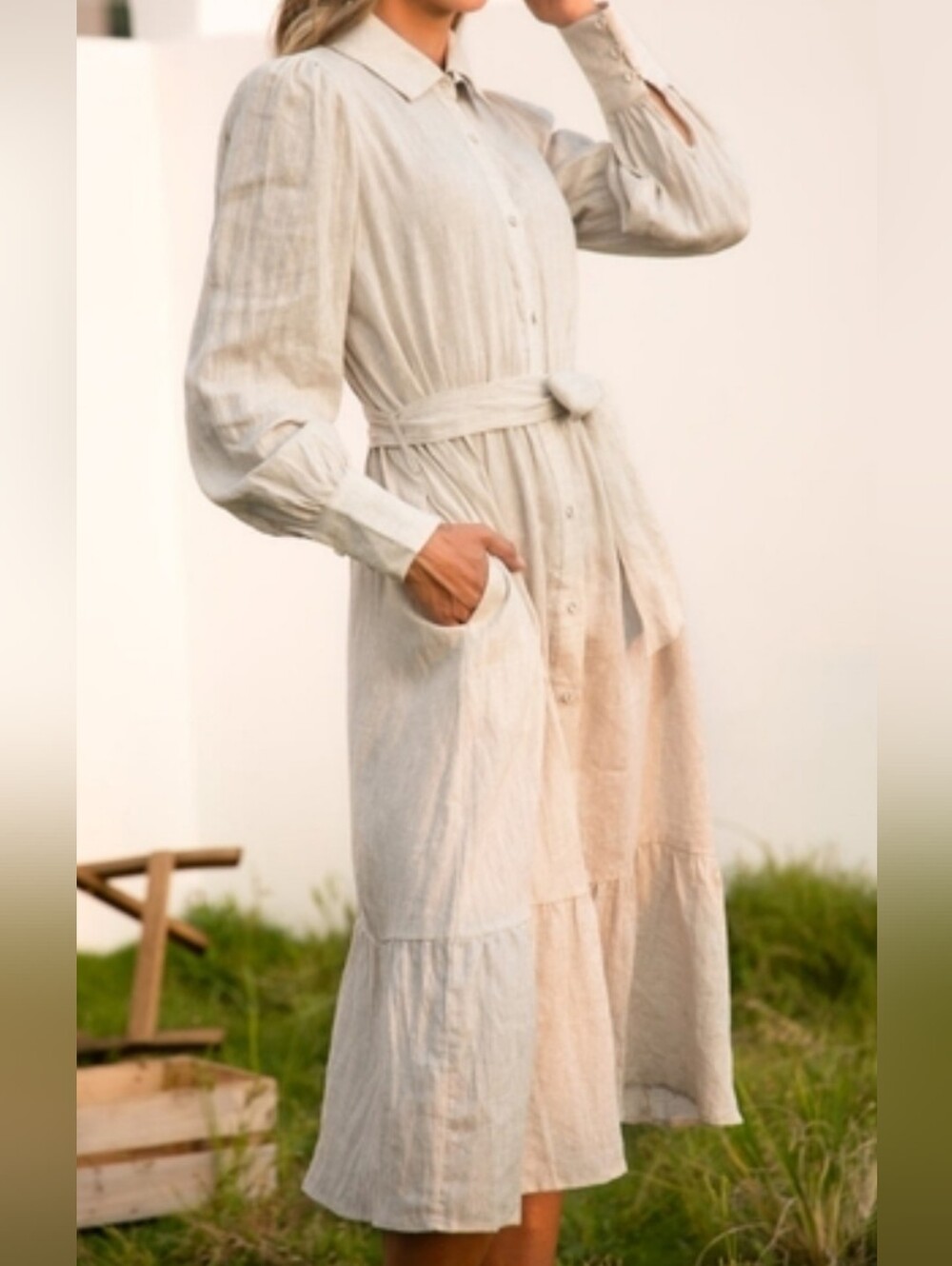 NWT - Flax-Linen Frieeah Ivory Midi Shirtdress with Pockets & Belt - Size XL